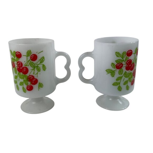 Vintage MCM Milk Glass Pedestal Mugs With Cherry Design Set Of 2 - Picture 5 of 12